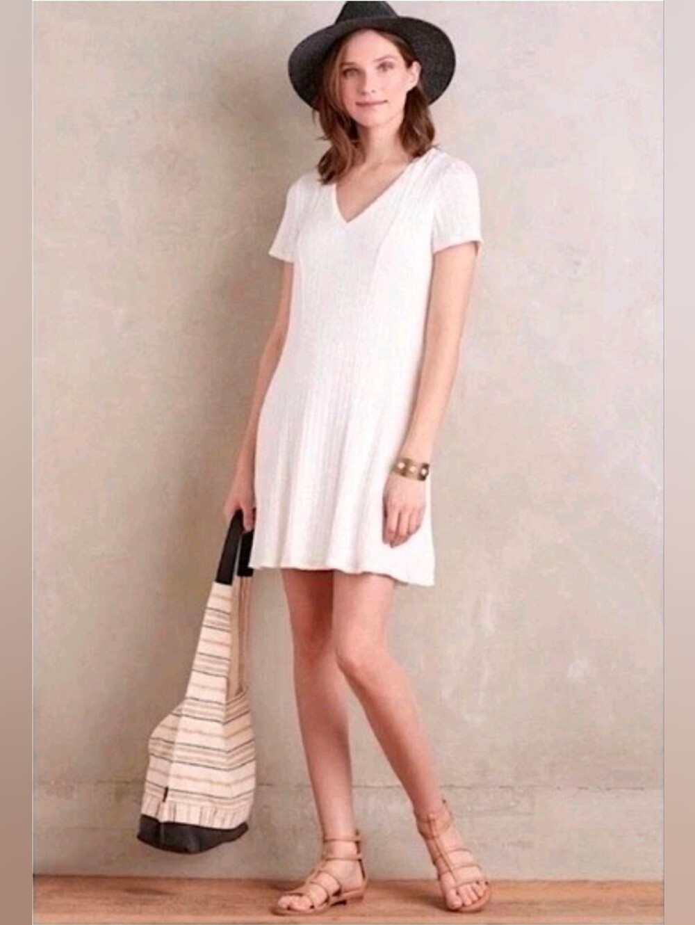 Anthropologie Dolan Women’s White Ribbed Knit V-Neck A-Line Dress XS